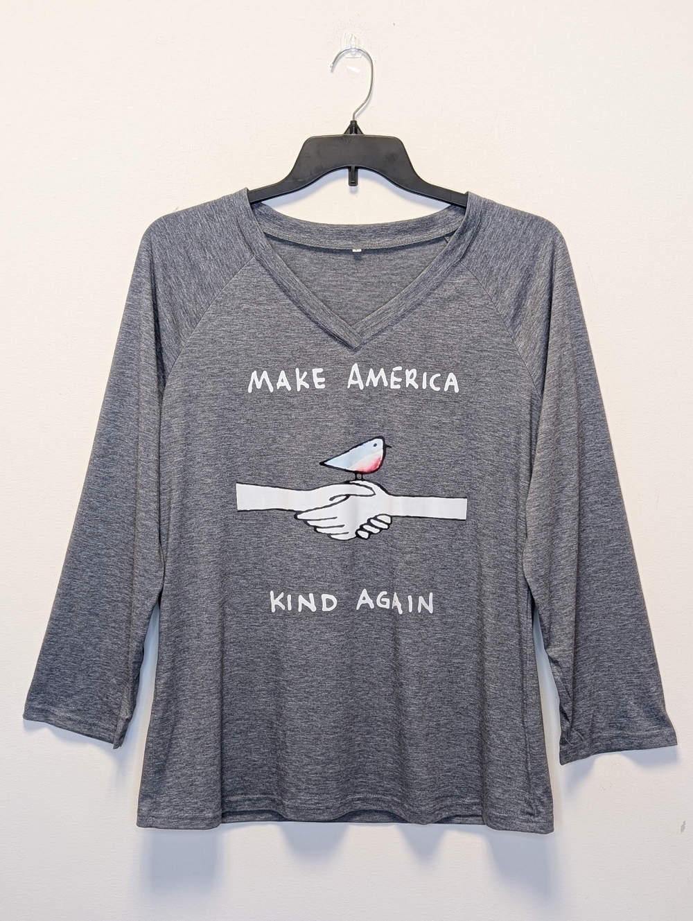 Make America Kind Again Graphic Tee Gray V Neck 3/4 Sleeve Bird Handshake L